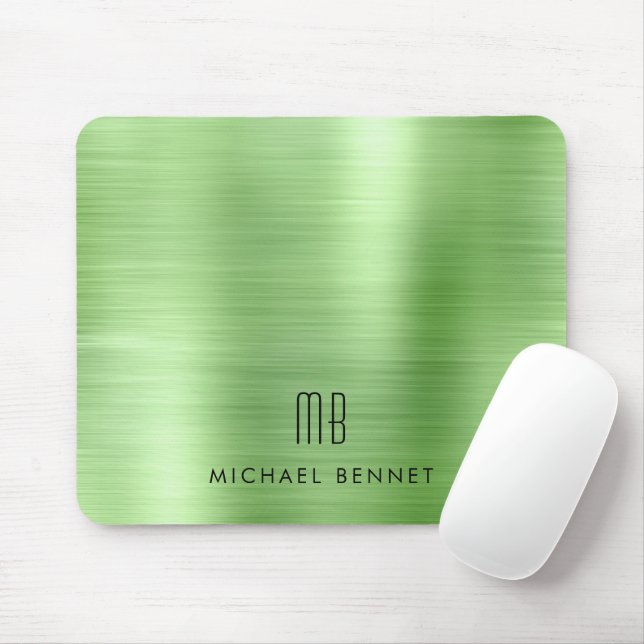 Elegant Green Metallic Monogram Name Mouse Mat (With Mouse)