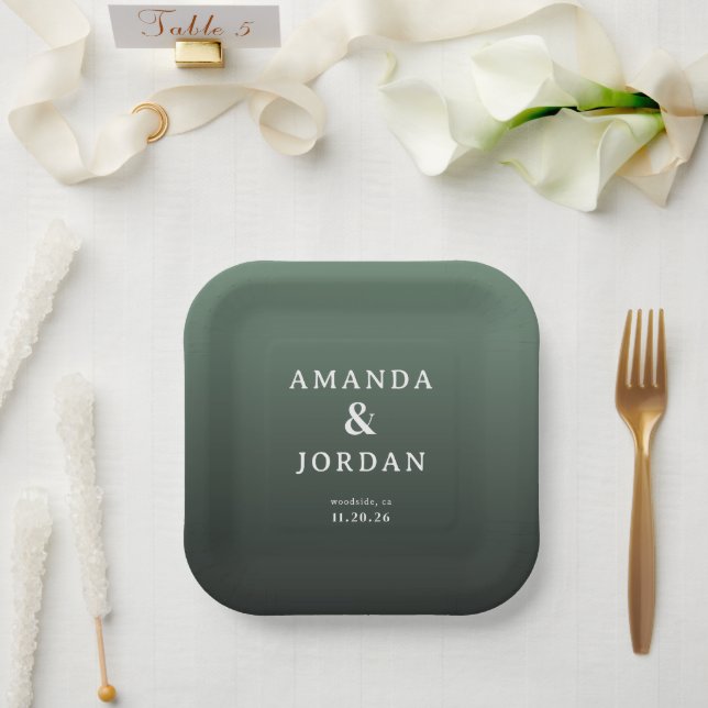 Elegant Green Minimalist Paper Plate (Wedding)