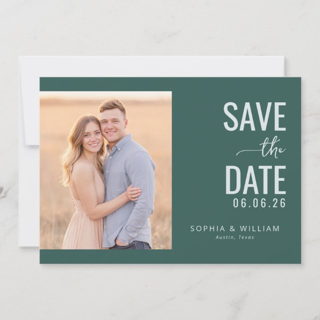 Elegant Green Minimalist Photo Save The Date (Front)