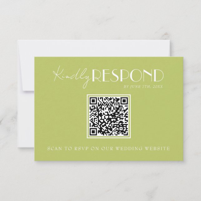 Elegant Green Minimalist QR Code Wedding RSVP Card (Front)