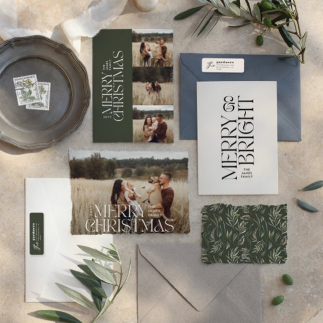 Elegant green modern minimal multi photo botanical holiday card (Creator Uploaded)