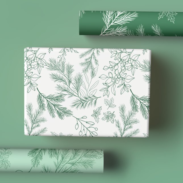 Elegant Green Monochrome Rustic Winter Botanicals Wrapping Paper Sheet (Creator Uploaded)