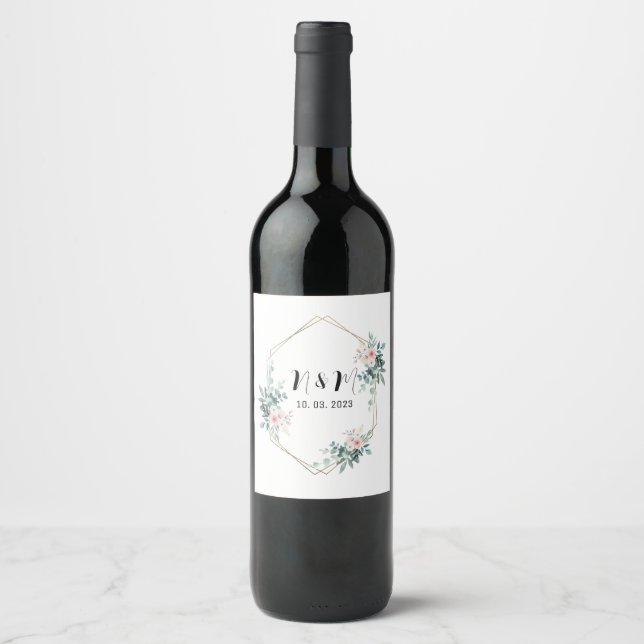 Elegant Green Monogram Eucalyptus Wedding Wine Label (Front)