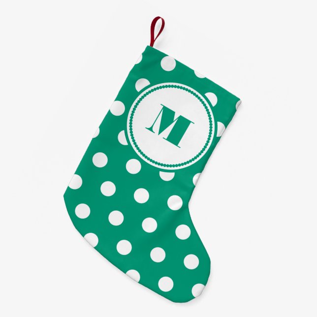 Elegant Green Monogram Pattern Small Christmas Stocking (Front (Hanging))