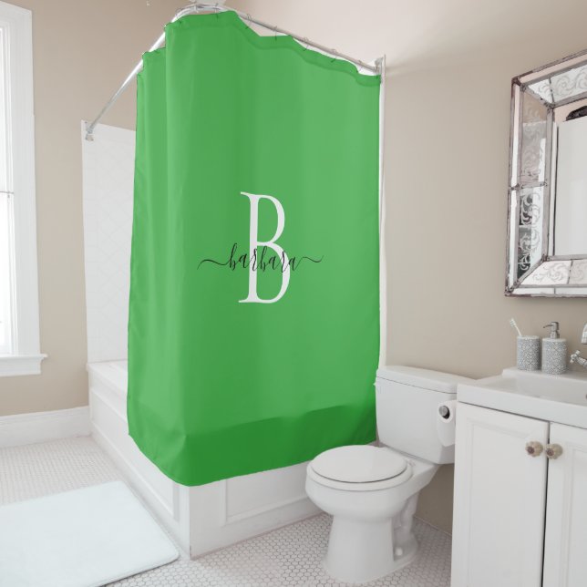 Elegant Green Monogram Script Name Shower Curtain (In Situ)
