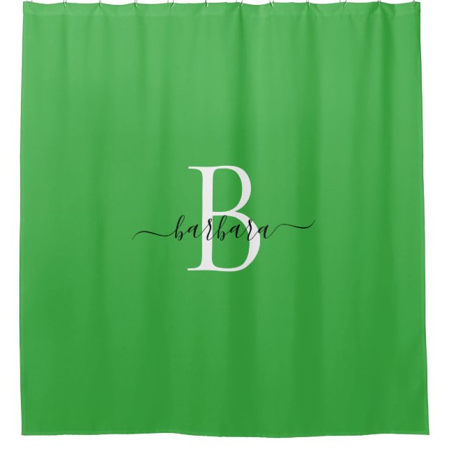 Elegant Green Monogram Script Name Shower Curtain (Front)