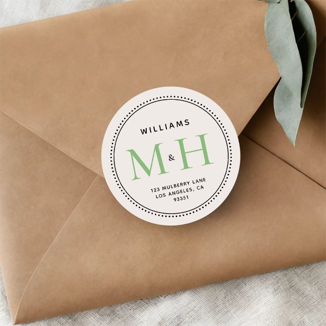 Elegant Green Monogram Wedding Return Address Classic Round Sticker (Creator Uploaded)