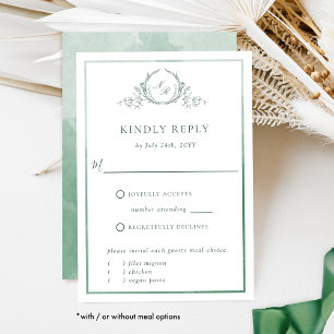 Elegant Green Monogram with Watercolor RSVP Card