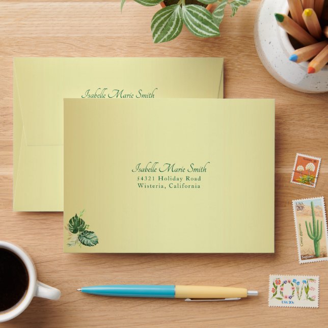 Elegant Green Monstera & Faux Gold Metallic RSVP Envelope (Desk)