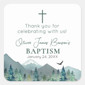 Elegant Green Mountain Boy Baptism Communion Square Sticker