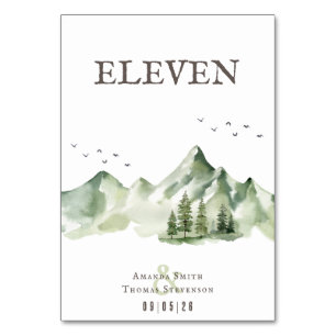 Elegant green mountain landscape table number card