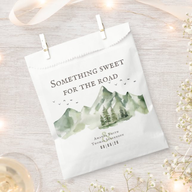 Elegant green mountain landscape table number card favour bags (Clipped)