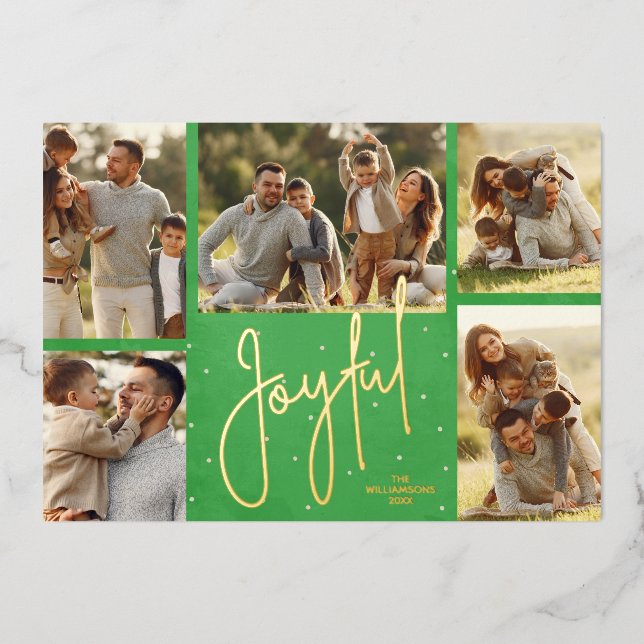 Elegant Green Multi Photo Joyful Gold Foil Holiday Card (Front)
