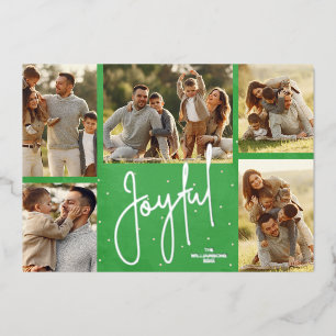 Elegant Green Multi Photo Joyful Silver Foil Holiday Card