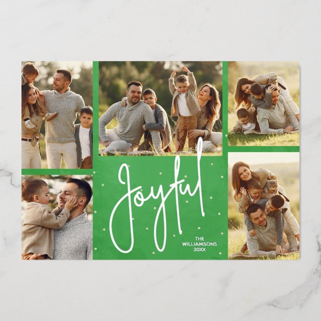 Elegant Green Multi Photo Joyful Silver Foil Holiday Card (Front)