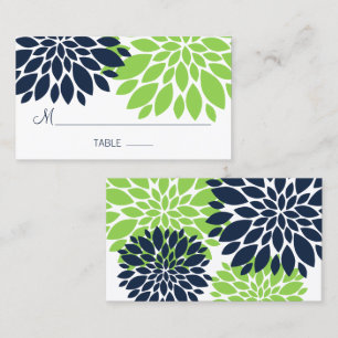 Elegant Green Navy Blue Floral Burst Place Cards