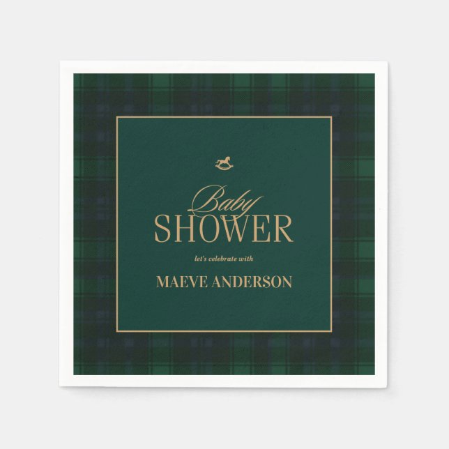 Elegant Green navy gold Plaid tartan Baby shower Napkin (Front)
