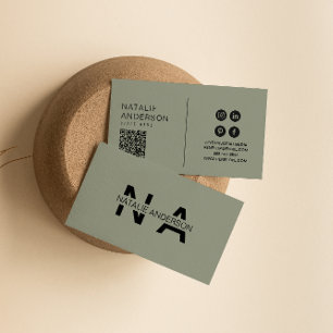 Elegant Green Neutral QR Code Monogram Logo Boho Business Card