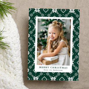 Elegant Green Nordic Snowflake Pattern Photo Holiday Card
