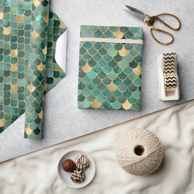 Elegant Green Ombre Foil & Gold Mermaid Scales Wrapping Paper (Crafts)
