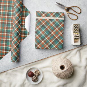 Elegant Green Orange Vintage Plaid Wrapping Paper