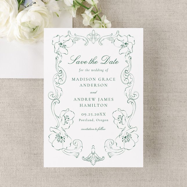 Elegant Green Ornate Floral Frame Wedding Save The Date (Creator Uploaded)