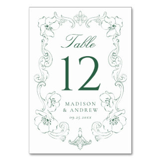 Elegant Green Ornate Floral Frame Wedding Table Number