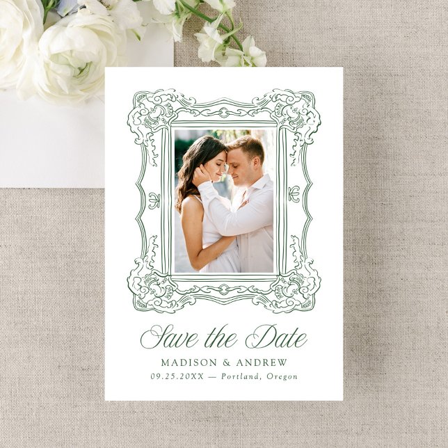 Elegant Green Ornate Frame Photo Wedding Save The Date (Creator Uploaded)
