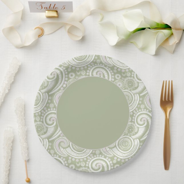 Elegant Green Paisley Border Paper Plate (Wedding)