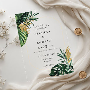 Elegant, Green Palm, Gold (Imitation) Border Acrylic Invitations
