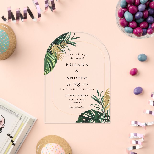 Elegant, Green Palm, Gold (Imitation) Border Acrylic Invitations (Insitu (Celebration))