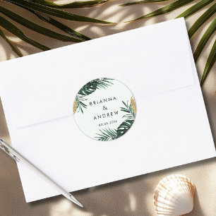 Elegant, Green Palm, Gold (Imitation) Border Classic Round Sticker
