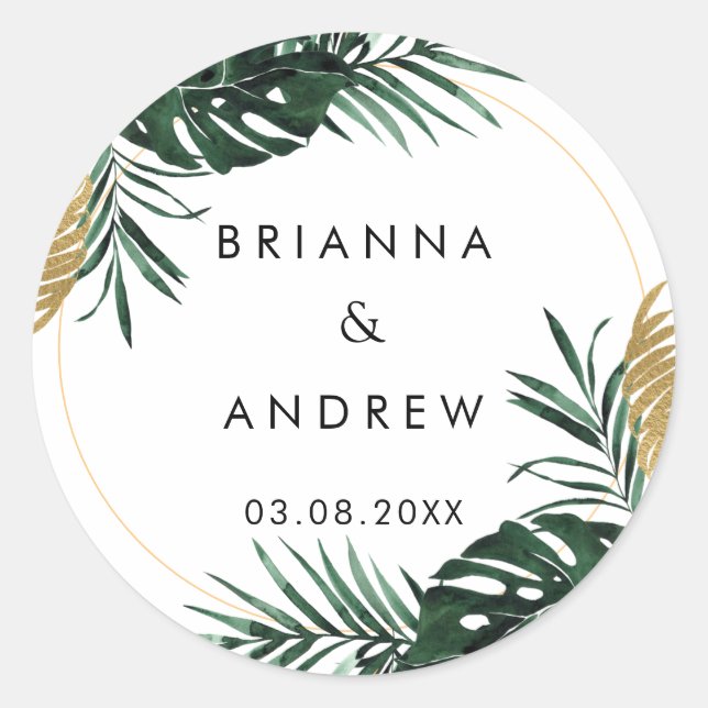 Elegant, Green Palm, Gold (Imitation) Border Classic Round Sticker (Front)