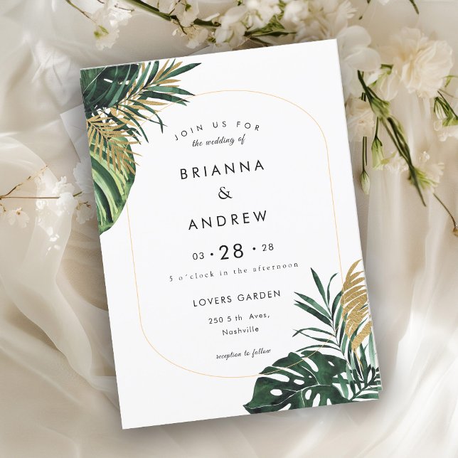 Elegant, Green Palm, Gold (Imitation) Border Invitation (Creator Uploaded)