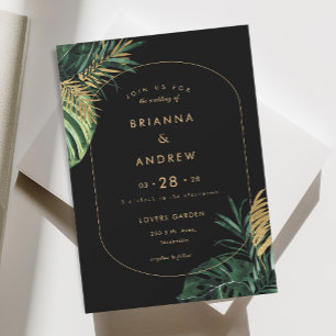 Elegant, Green Palm, Gold (Imitation) Border Invitation