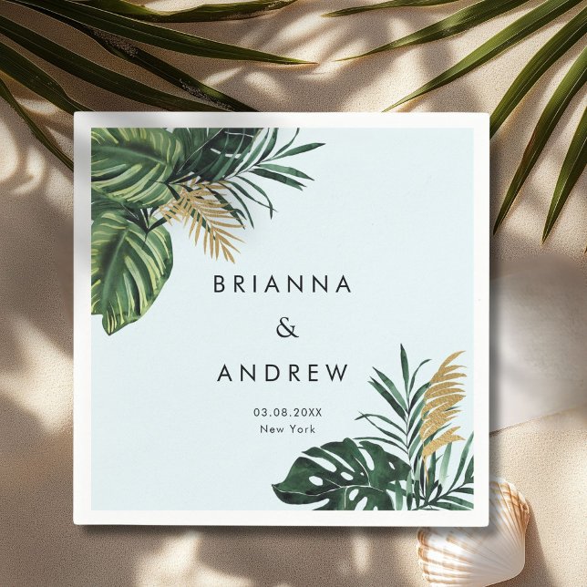 Elegant, Green Palm, Gold (Imitation)  Napkin (Custom, Elegant, Green Palm, Gold (Imitation) Light-Blue Napkins with your Name & Date.)
