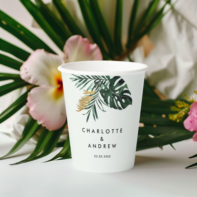 Elegant, Green Palm, Gold (Imitation)  Paper Cups (Custom, Elegant, Green Palm, Gold (Imitation) Light-Green Wedding Paper Cups)