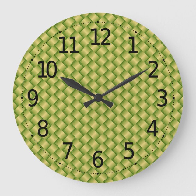 Elegant Green Palm Leaves Weave Basket Pattern | Large Clock (Front)