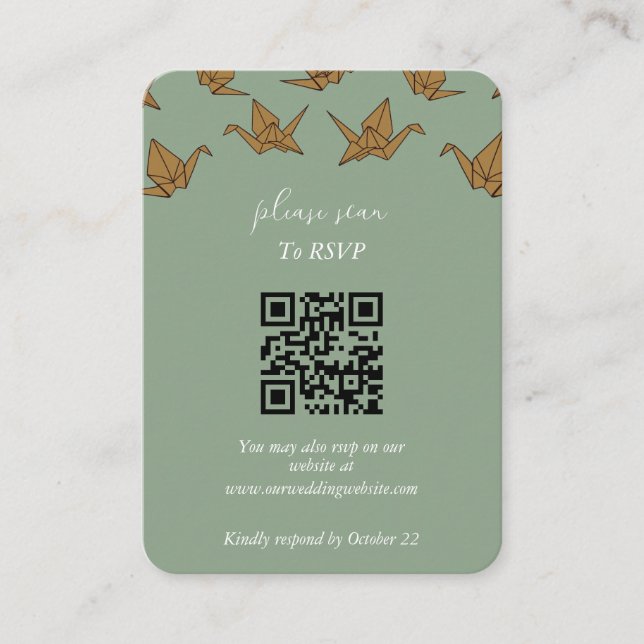 Elegant Green Paper Crane Wedding Enclosure Card (Front)