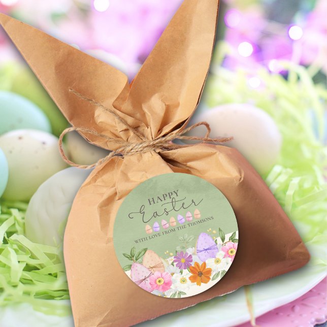 Elegant Green Pastel Wildflowers Happy Easter  Classic Round Sticker (Creator Uploaded)