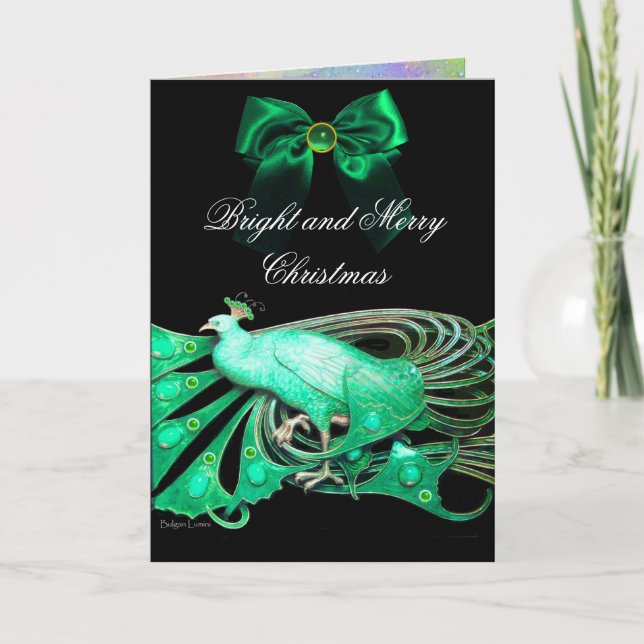 ELEGANT GREEN PEACOCK,GEM STONES AND CHRISTMAS BOW HOLIDAY CARD (Front)