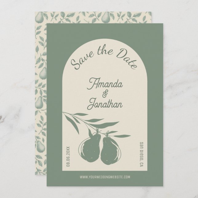 Elegant Green Pear Wedding Save the Date Invitation (Front/Back)