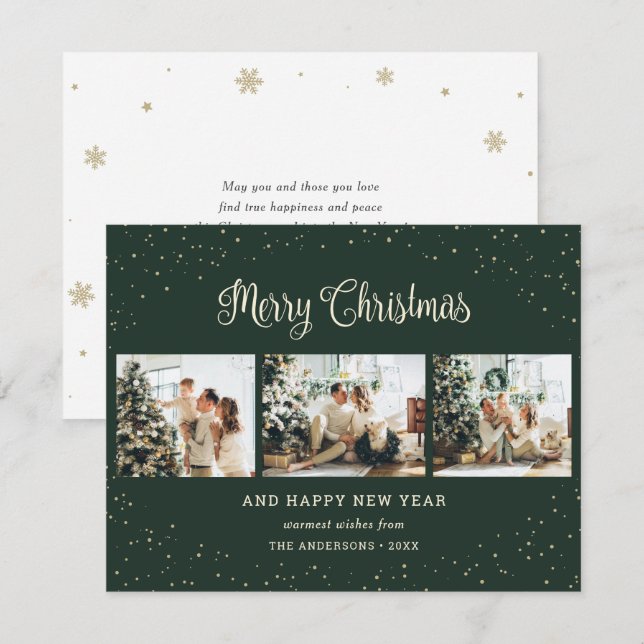Elegant Green Photo Collage Christmas Cards (Front/Back)