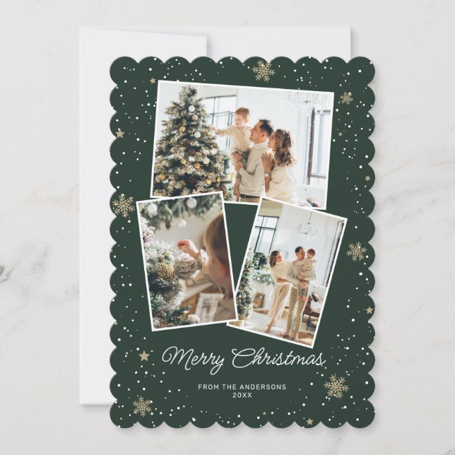 Elegant Green Photo Collage Merry Christmas Card (Front)