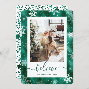 Elegant Green Photo Snowflake Holiday Card