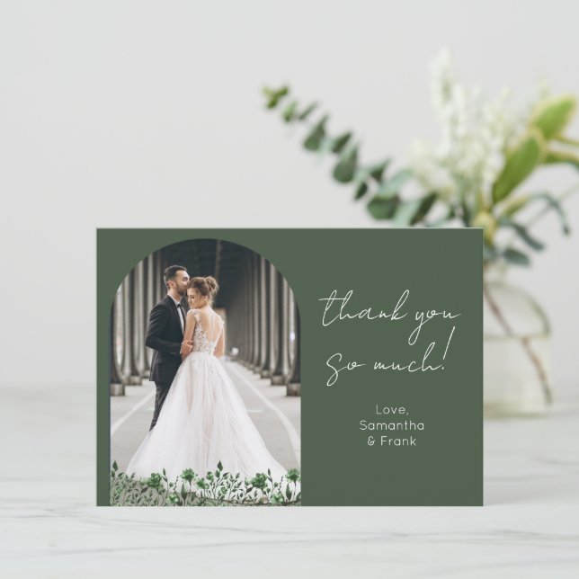 Elegant Green Photo Wedding Thank You Card (Standing Front)