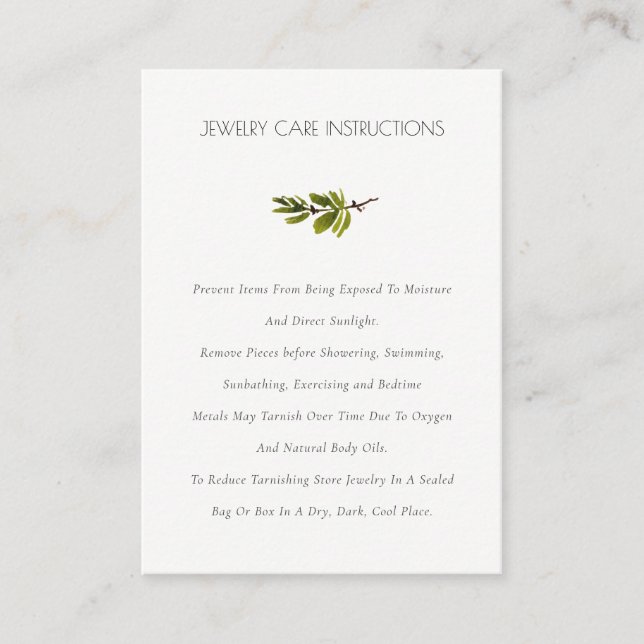 Elegant Green Pine Branch Foliage Jewellery Care Business Card (Front)