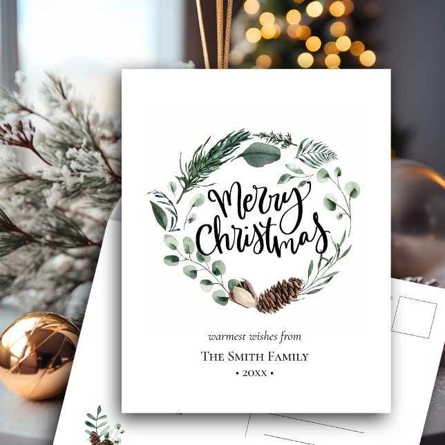 Elegant Green Pine Cone Foliage Wreath Watercolor Postcard (Creator Uploaded)
