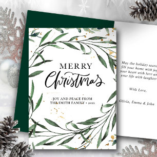 Elegant Green Pine Foliage Gold Confetti Greenery Holiday Card