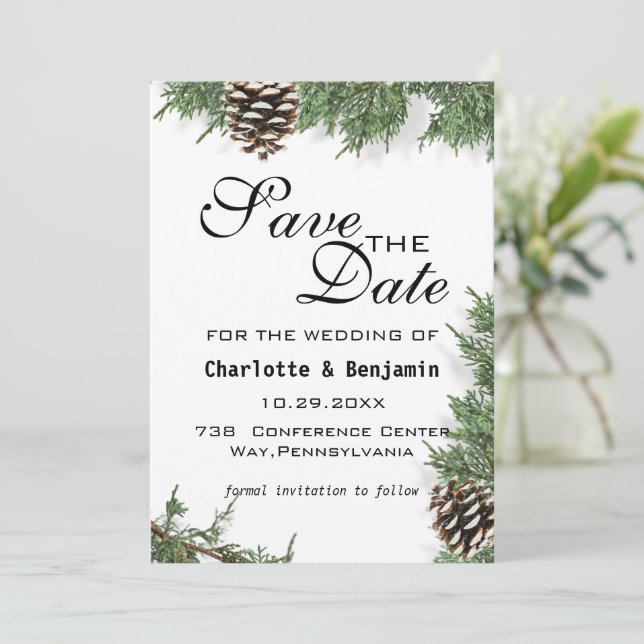 Elegant Green Pine Tree Winter Save The Date (Standing Front)